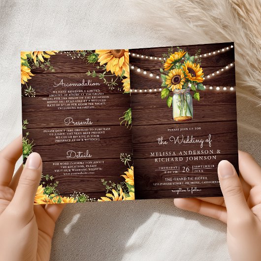 Invitation Rustic Wood Sunflowers Mason Jar QR Code Wedding