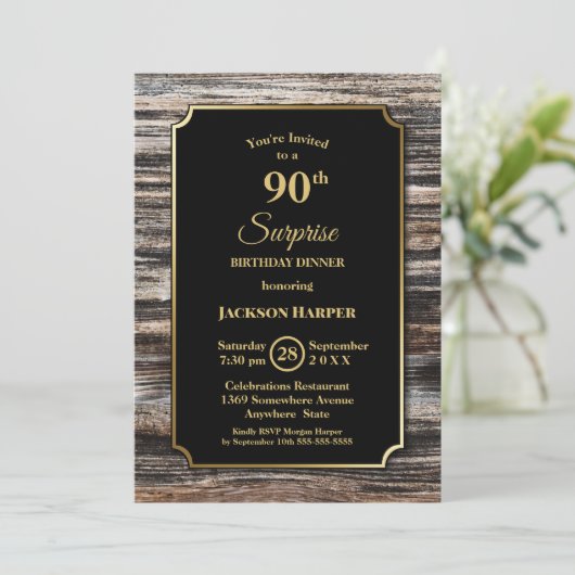 Invitation Rustic Wood Surprise Dîner d'anniversaire 90e (Debout devant)