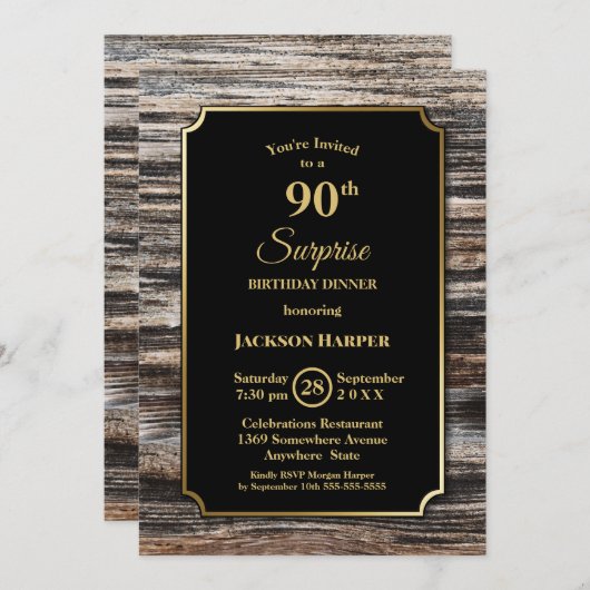 Invitation Rustic Wood Surprise Dîner d'anniversaire 90e (Devant / Derrière)