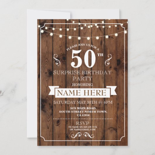 Invitation Rustic Wood Surprise fête d'anniversaire 50e Invit (Devant)