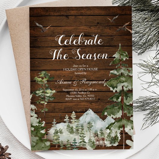 Invitation Rustic Wood Winter Célébrez la saison open house