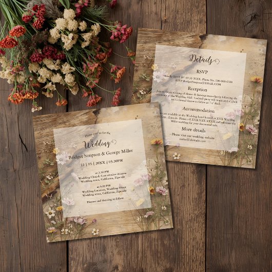 Invitation Rustic Wooden Bohemian Floral Wedding all in one 