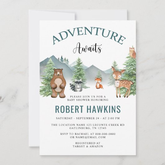Invitation Rustic Woodland Adventure Attend le Baby shower (Devant)