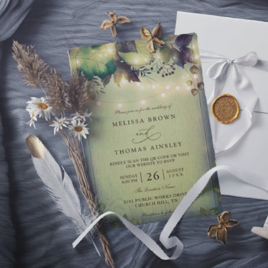 Invitation Rustic Woodland Barn String Lights QR Code Wedding