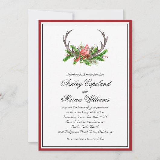 Invitation Rustic Woodland Cardinal et Antlers Mariage (Devant)