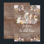 Invitation Rustic Woodland Friends Wild One Birthday Party<br><div class="desc">Bêtes boisés sauvages un garçon anniversaire Invitation sur un arrière - plan de bois brun rustique avec un dos de coordination.</div>
