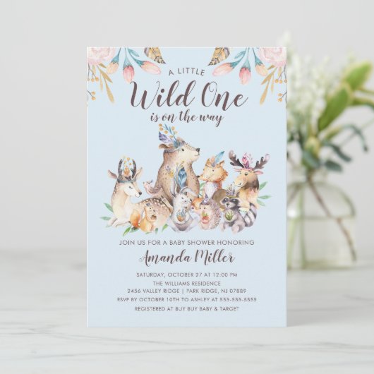 Invitation Rustic Woodland Friends Wild One Boys Baby shower (Debout devant)