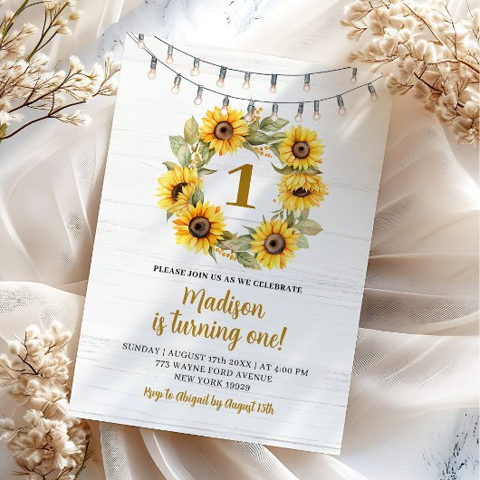 Invitation Rustic Woods Tournesol premier anniversaire