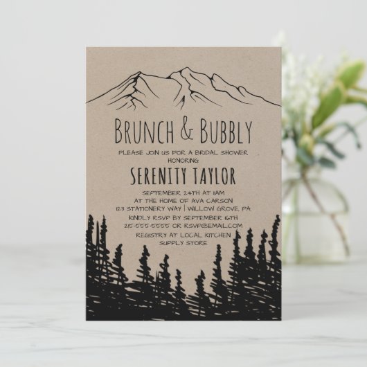 Invitation Rustic Woodsy Mountain Brunch & Bubbly (Debout devant)