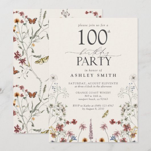 Invitation Rustique 100e anniversaire Jardin Fleur sauvage de (Devant / Derrière)