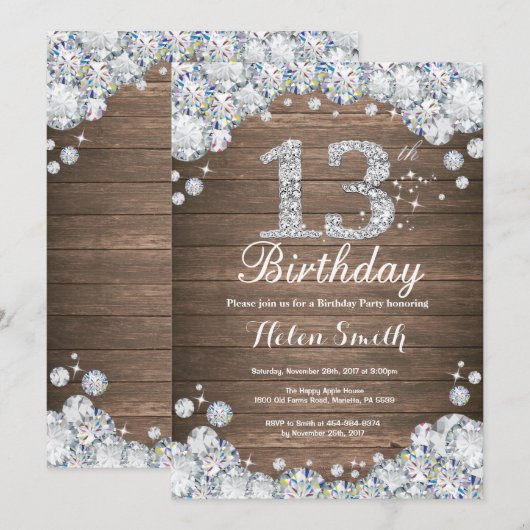 Invitation Rustique 13ème anniversaire Silver Diamond (Devant / Derrière)