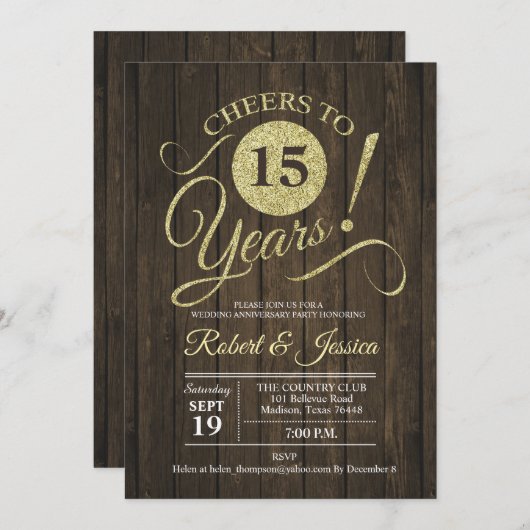 Invitation Rustique 15e anniversaire de mariage - Bois doré (Devant / Derrière)