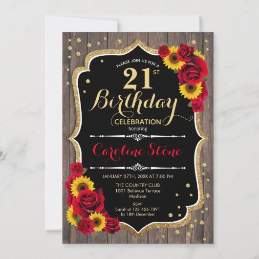 Invitation Rustique 21e anniversaire - Rose Sunflower Wood (Devant)