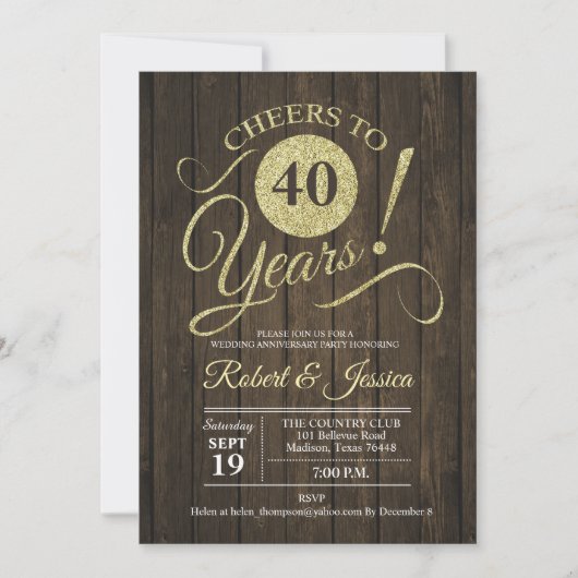 Invitation Rustique 40e anniversaire de mariage - Bois doré (Devant)