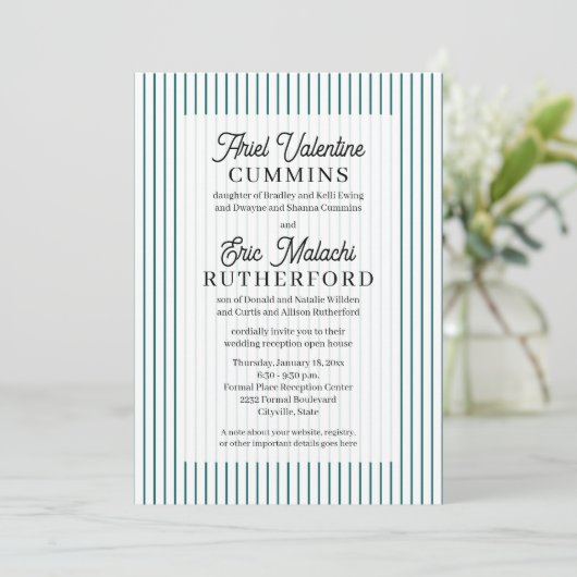 Invitation Rustique 4 jeux de parents rayure sarcelle (Debout devant)