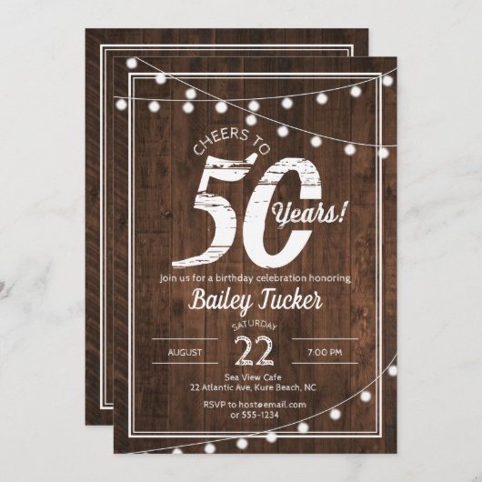 Invitation Rustique 50e anniversaire avec String Lights Party (Devant / Derrière)