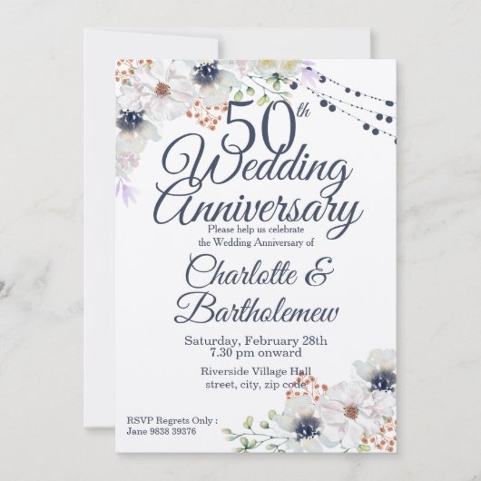 Invitation Rustique 50e anniversaire Mariage Floral Kraft (Devant)