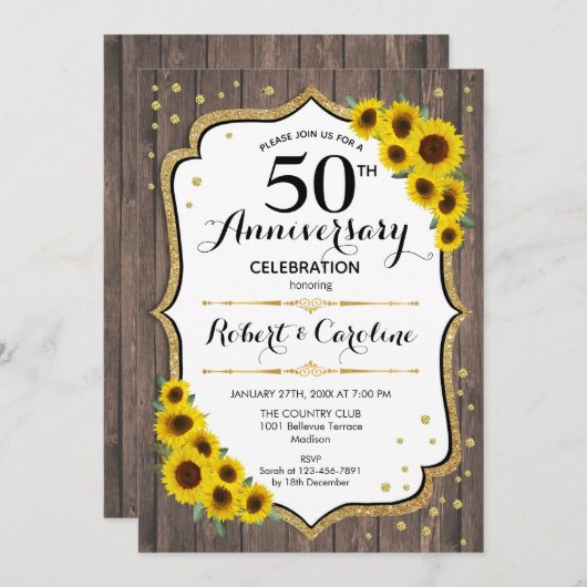 Invitation Rustique 50e Anniversaire - Tournesols Bois Or (Devant / Derrière)