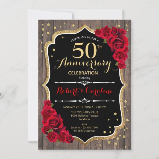 Invitation Rustique 50e anniversaire - Wood Red Go (Devant)