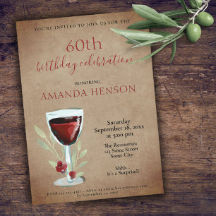 Invitation Rustique 60e anniversaire Red Wine Surprise Party