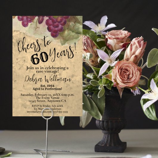 Invitation Rustique 60ème Cheers à 60 vin thème Anniversaire