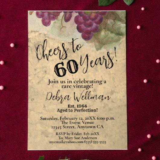 Invitation Rustique 60ème Cheers à 60 vin thème Anniversaire