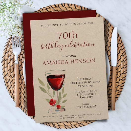 Invitation Rustique 70e anniversaire Red Wine Surprise Party