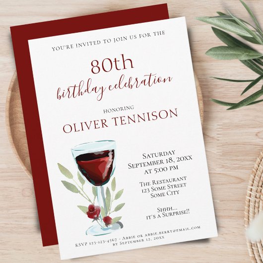 Invitation Rustique 80e anniversaire Red Wine Surprise Party