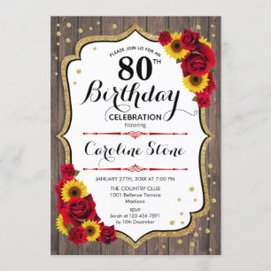 Invitation Rustique 80e anniversaire - Sunflowers Rose Wood
