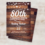 Invitation Rustique 80e anniversaire Surprise Party<br><div class="desc">Cette invitation rustique à l'anniversaire de 80ème surprise comprend des lampes à cordes sur un arrière - plan en planches de bois. Cliquez sur le bouton personnaliser pour plus de flexibilité dans la modification du texte ! Des variantes de ce design, des couleurs supplémentaires, ainsi que des produits de coordination...</div>