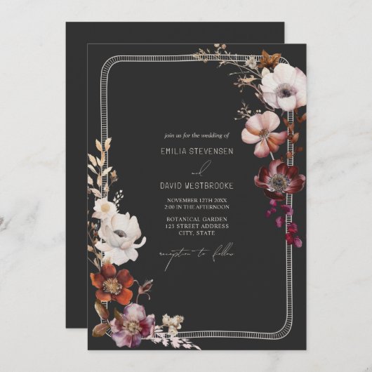 Invitation Rustique Anémone main tiré à la frontière Mariage (Devant / Derrière)
