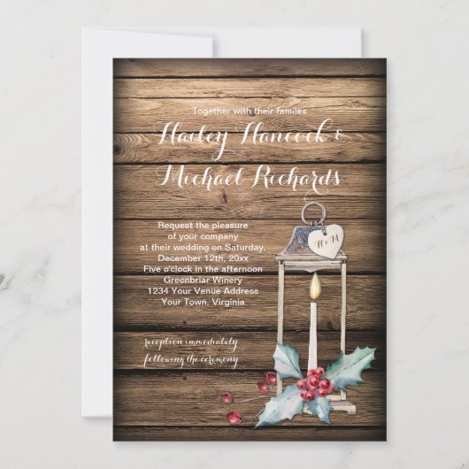 Invitation Rustique Antique Lanterne Holly Mariage de Noël (Devant)