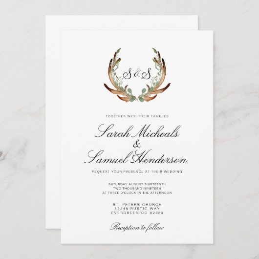 Invitation Rustique Antler | Formel | Mariage de verdure fonc (Devant / Derrière)