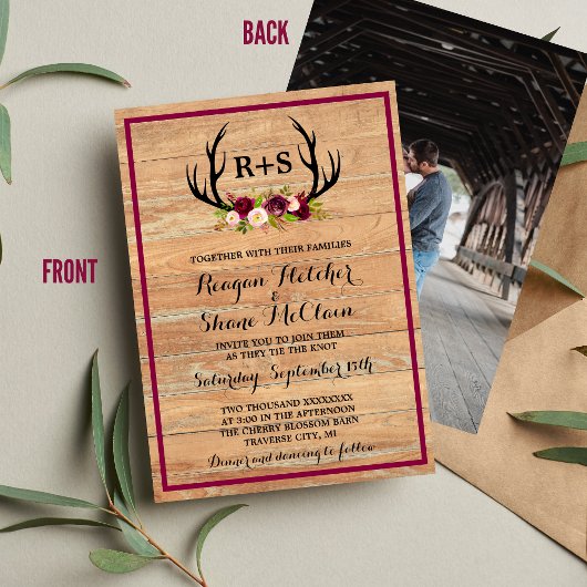 Invitation Rustique Antlers Floral Bourgogne Mariage bois