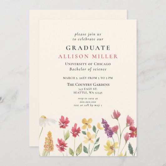 Invitation Rustique aquarelle Boho Fleurs sauvages Graduation (Devant / Derrière)