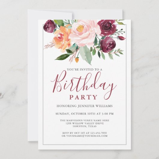 Invitation Rustique aquarelle bouquet floral fête d'anniversa (Devant)