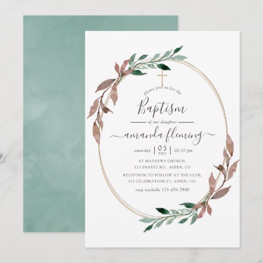 Invitation Rustique aquarelle de verdure hiver baptême (Devant / Derrière)