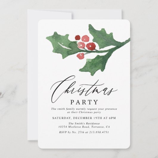 Invitation Rustique Aquarelle Holly Fête de Noël (Devant)
