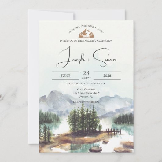 Invitation Rustique Aquarelle Montagne Pins Mariage (Devant)