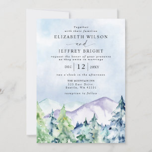 Invitation Rustique Aquarelle Montagnes Pine Mariage d'hiver