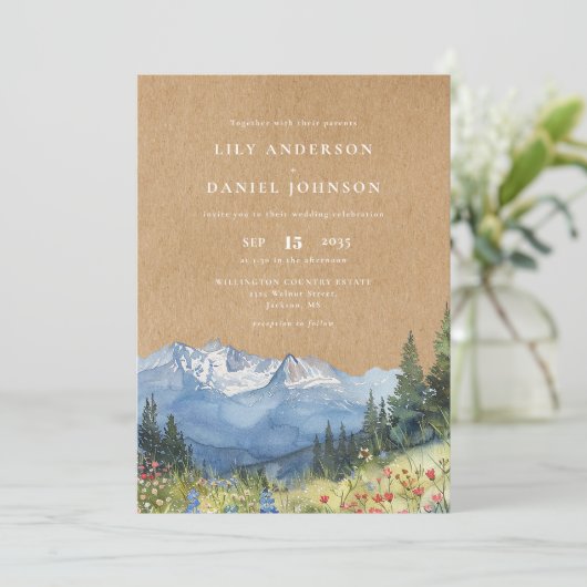 Invitation Rustique aquarelle Mountain Floral QR Code Mariage (Debout devant)