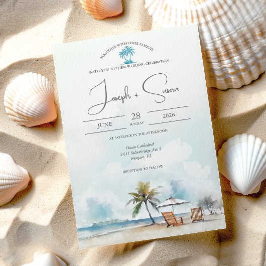 Invitation Rustique aquarelle Ocean Beach & Palm Tree Mariage