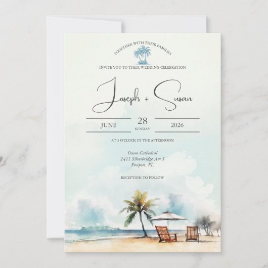 Invitation Rustique aquarelle Ocean Beach & Palm Tree Mariage (Devant)