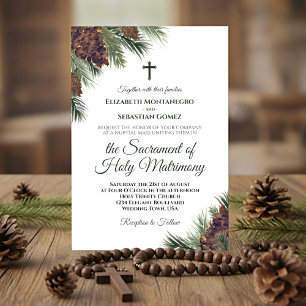 Invitation Rustique Aquarelle Pinecones Mariage catholique