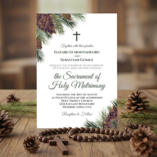 Invitation Rustique Aquarelle Pinecones Mariage catholique