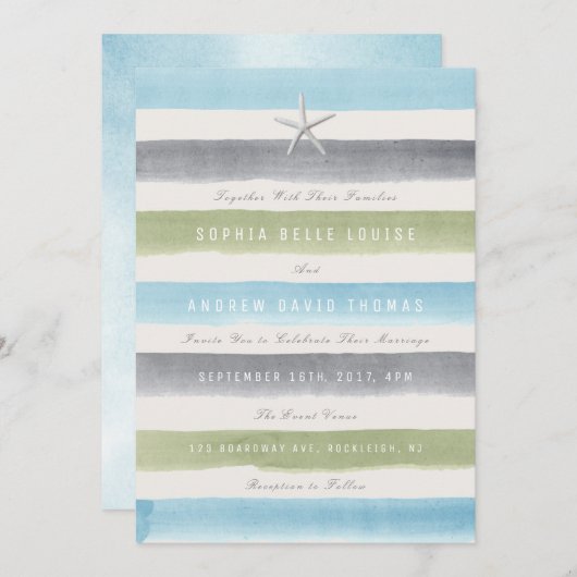 Invitation Rustique aquarelle rayures nautique mariage plage  (Devant / Derrière)