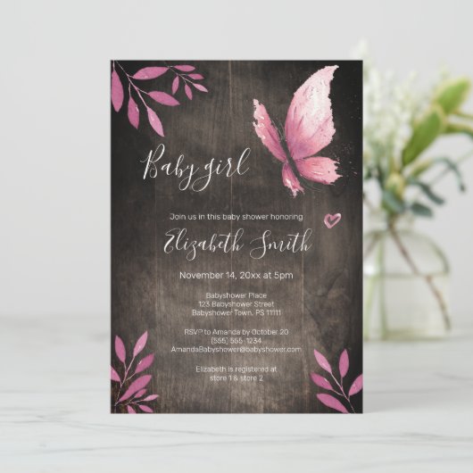 Invitation Rustique aquarelle rose papillon fille babyshower (Debout devant)