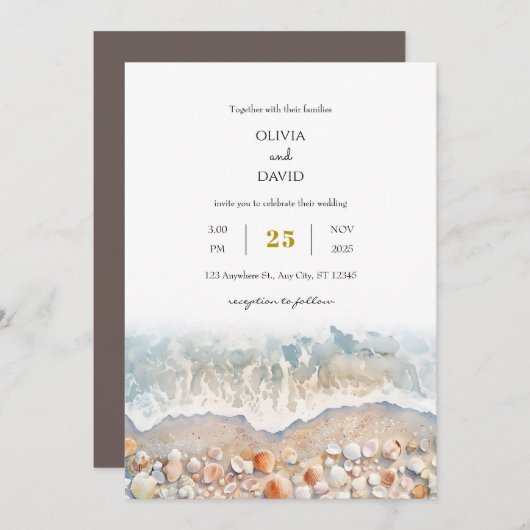 Invitation Rustique Aquarelle Shell White Sandy Beach Mariage (Devant / Derrière)