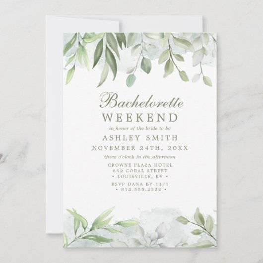 Invitation Rustique aquarelle vert week-end Bachelorette (Devant)