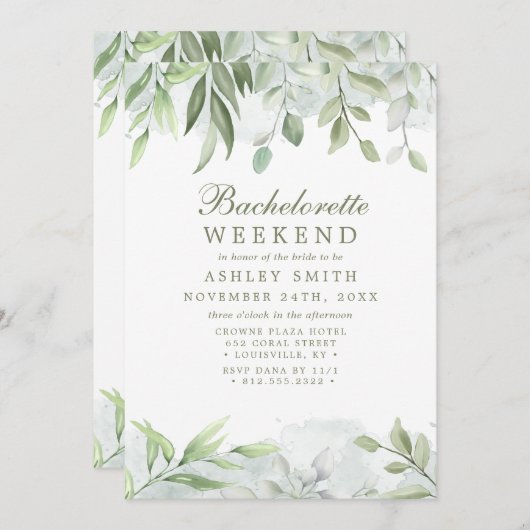 Invitation Rustique aquarelle vert week-end Bachelorette (Devant / Derrière)